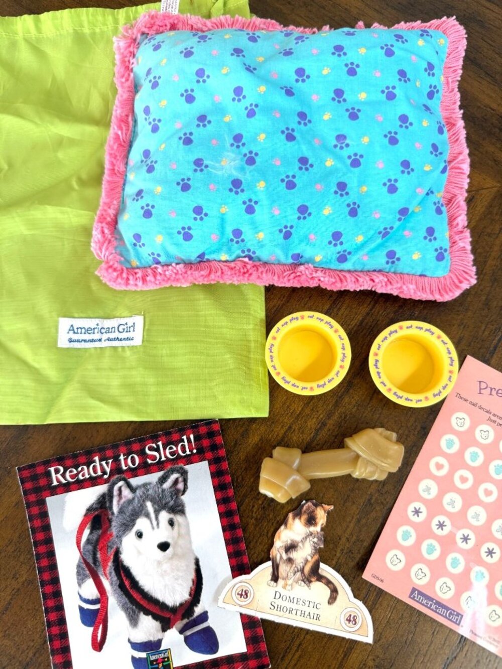 American Girl Doll Pet Dog Pillow Bed Bowls Bone Pretty Paws Nail Decals Lot